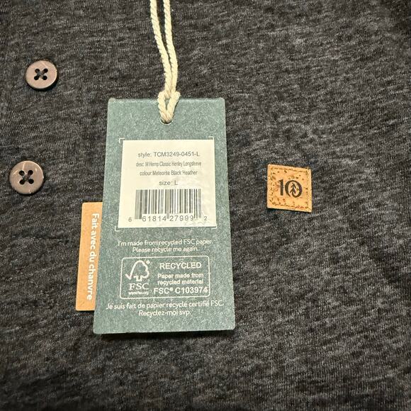 NWT TenTree Hemp Henley Long Sleeve Shirt Men’s Large Meteorite Black Heather - Picture 6 of 6